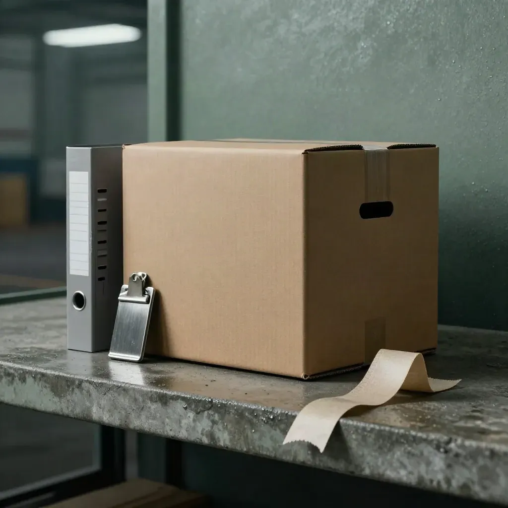 Monumentale pakketbox met ringmap en logistieke clip op natte betonvloer na regen.