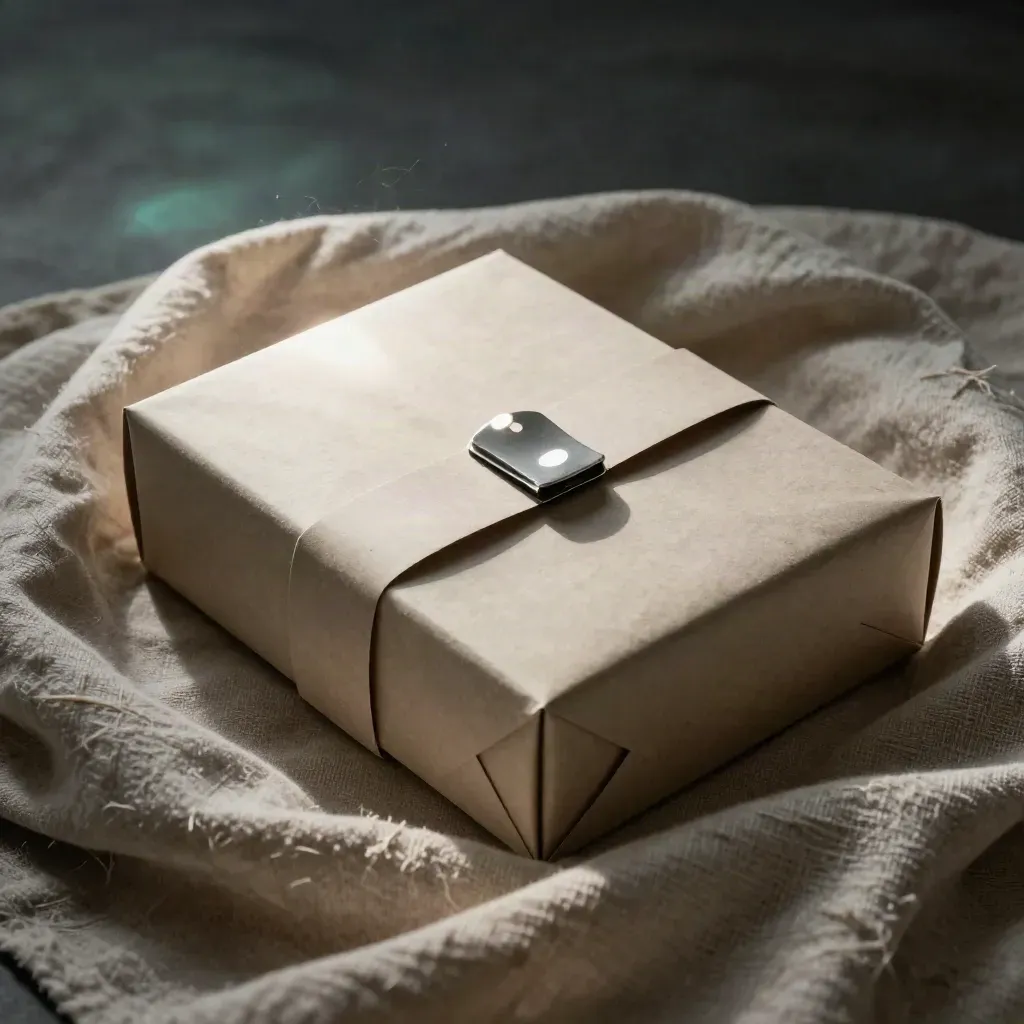 Close-up van een leverancierprofiel-box in linnen en papier, half ingegraven in zachte stof.