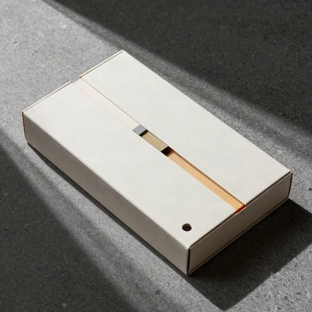 Flatlay van een offertebox met drie categorieblokken op beton, van boven gefotografeerd.
