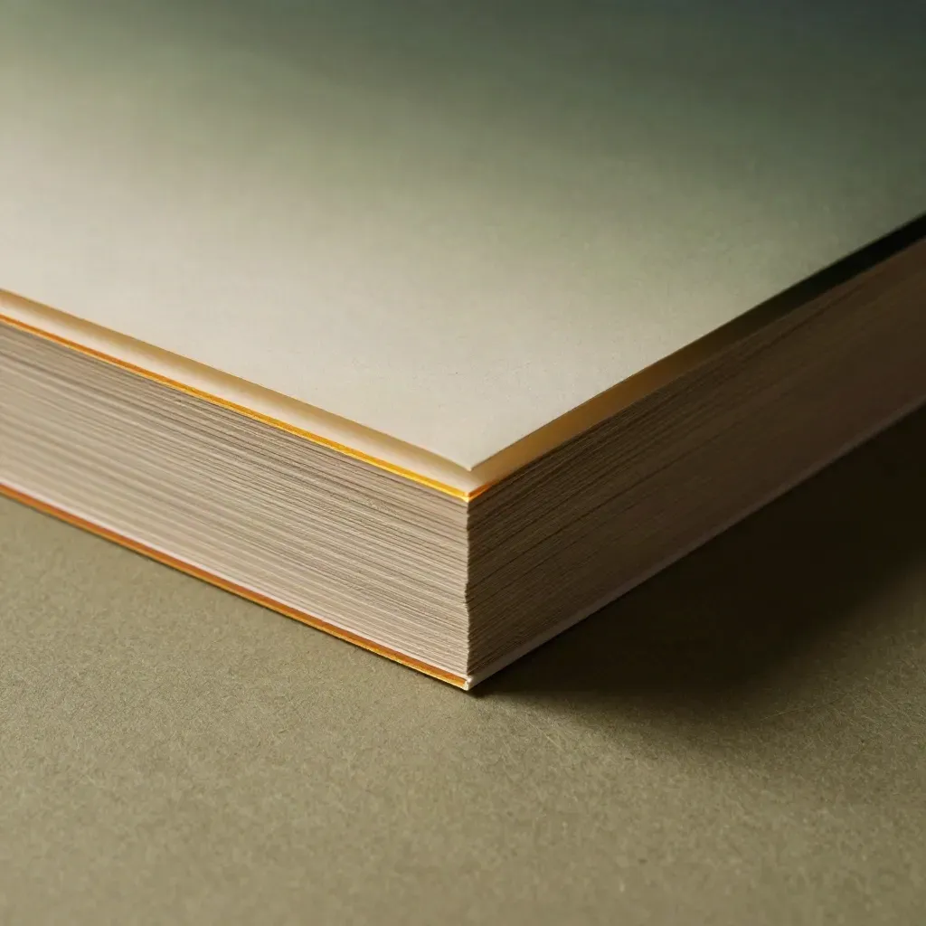 Makrofoto van een matte papierbundel met amber rand en beschermvellen op khaki onder schuin licht.