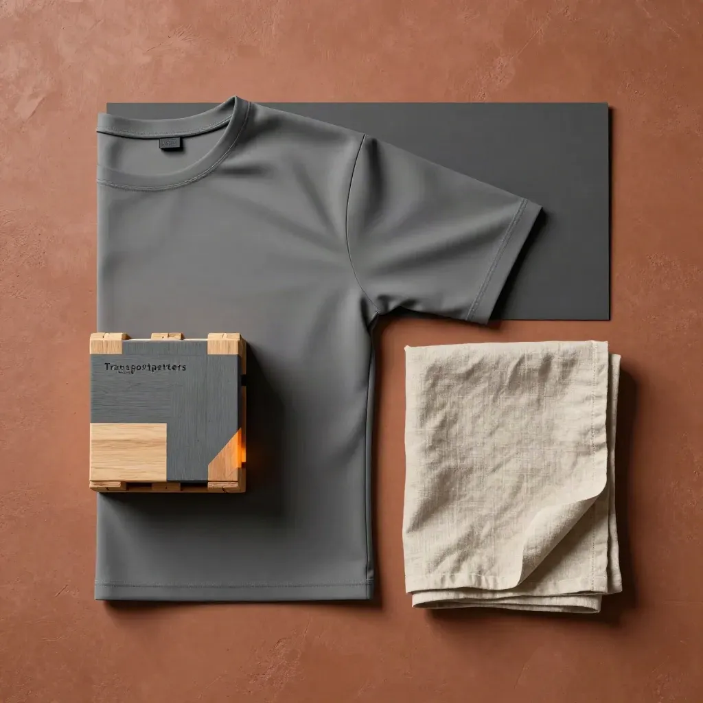 Bovenaanzicht van een grijze sleeve, mini-palletblok en gevouwen doek op terracotta beton.