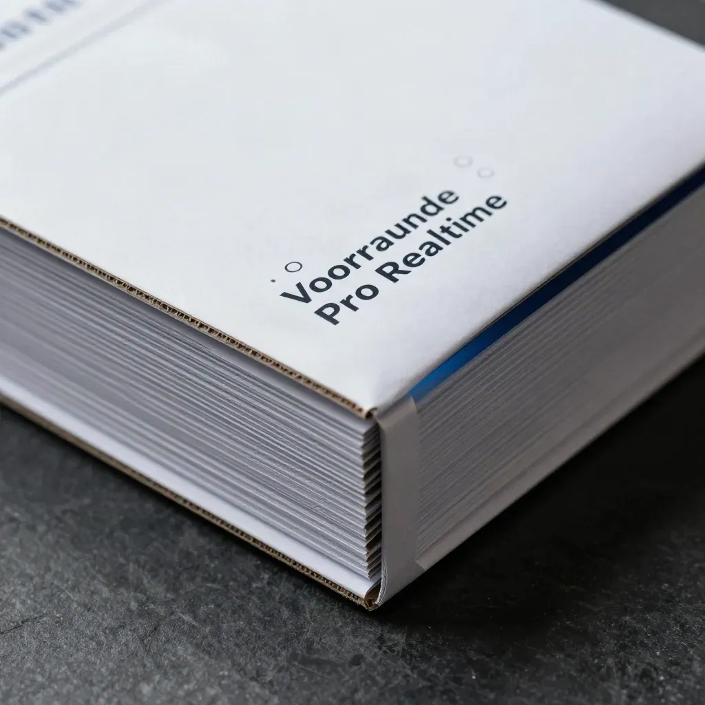 Wit kartonnen voorraadmeldingen-bundel met grafietrand en compacte signaalblokken, van boven gefotografeerd