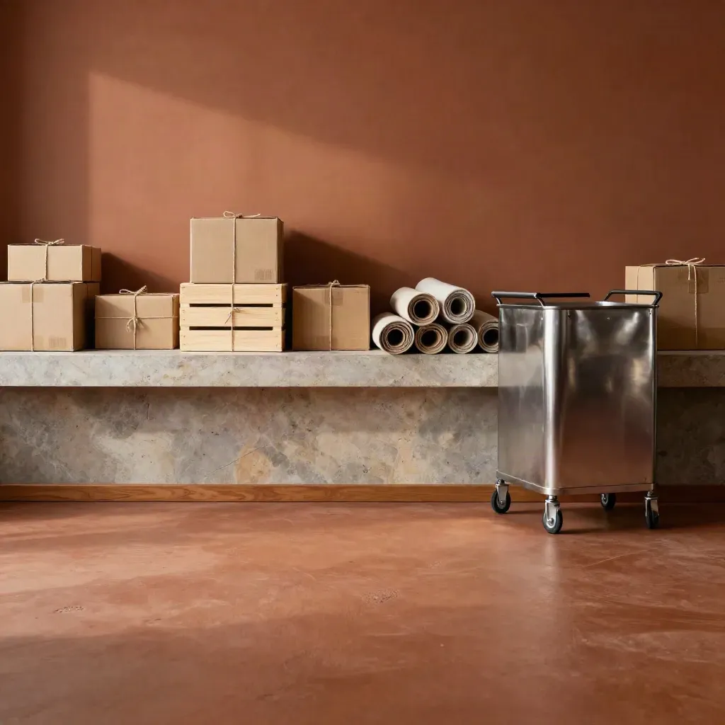 Neutrale handelslounge met stenen counter, houten bankrand en kartonnen verzendkratten in zacht licht.