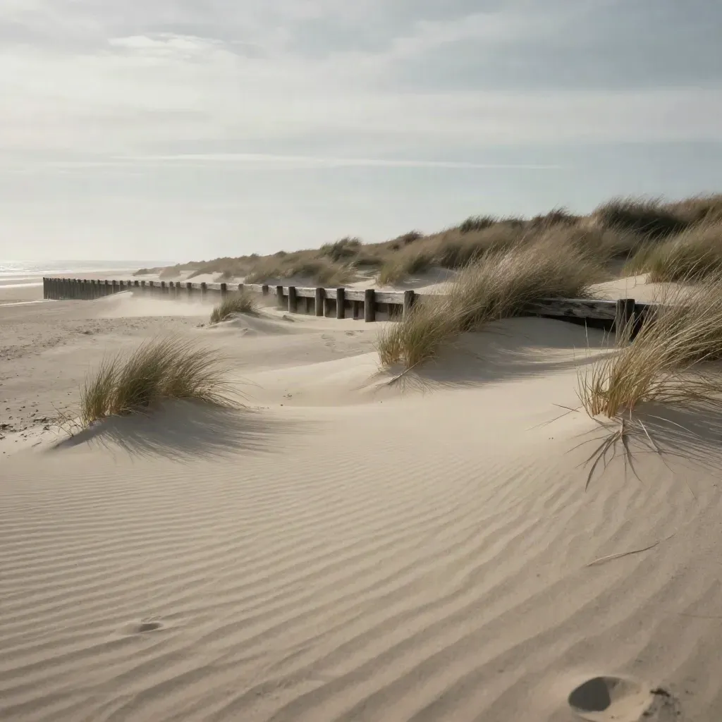 Duinrand aan zee met pierlijn en rustige lucht, veel lege ruimte voor kopij.